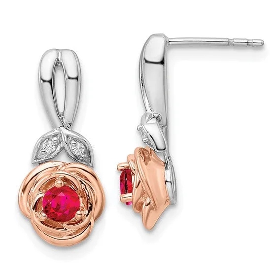 ladies silver earrings garnet stones -14k White and Rose Gold Two-tone Rose Ruby and Diamond Earrings