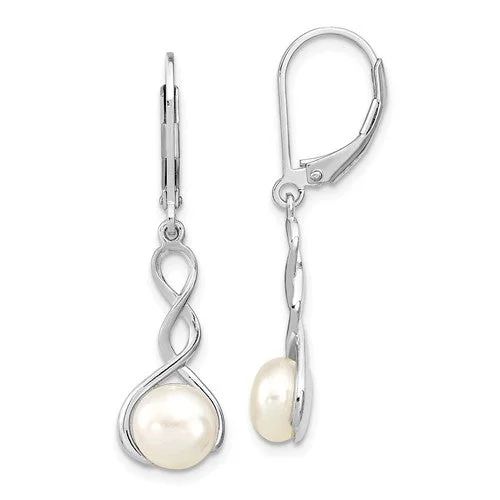 luxury gold earrings for ladies special occasions -Sterling Silver Button Freshwater Pearl Infinity Style Leverback Earrings