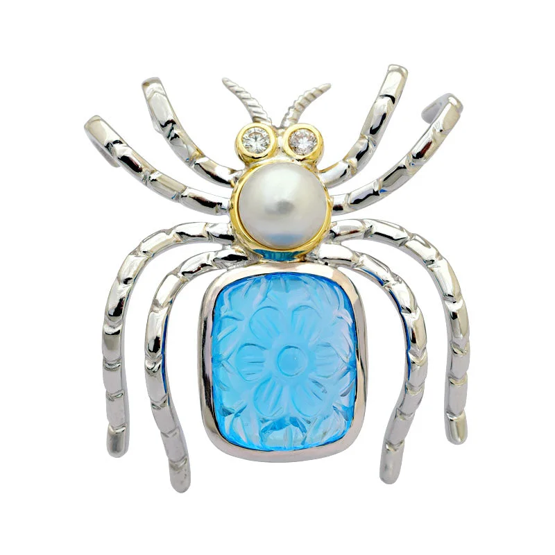 ripple texture brooch for women -Brooch-Blue Topaz, South Sea Pearl and Diamond