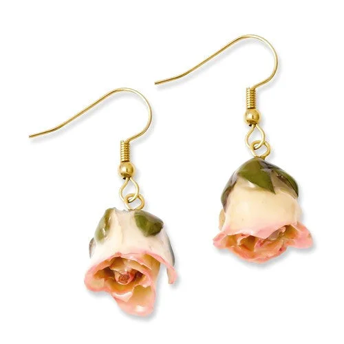 ladies silver earrings citrine stones -Lacquered Cream & Pink Real Rose Dangle Earrings