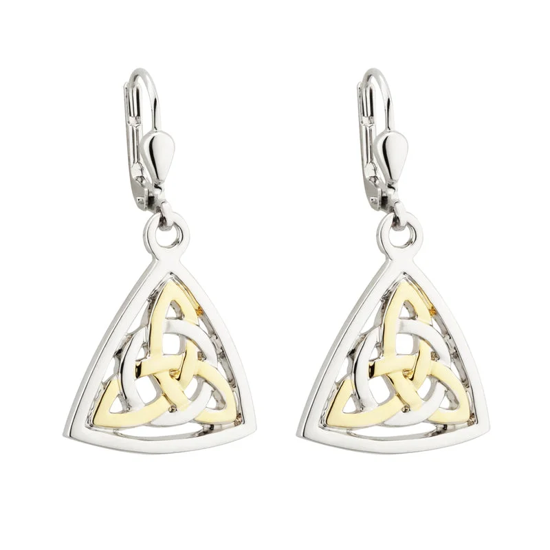 ladies gold earrings celestial motifs -Two Tone Plated Celtic Knot Drop Earrings