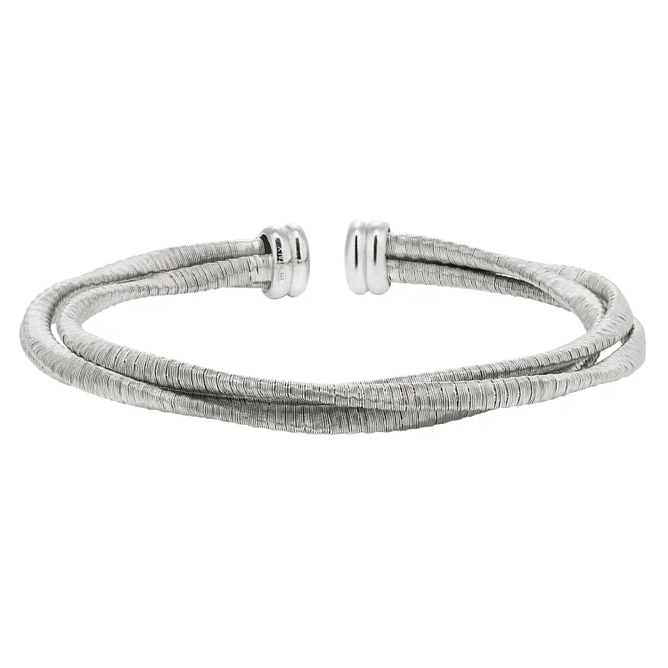 Ladies painted charm bracelets -Rhodium Finish Sterling Silver Loosely Twisted Three Cable Cuff Bracelet