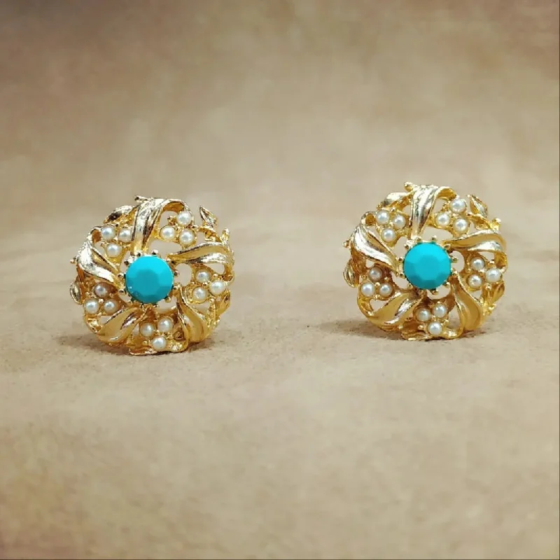 ladies gold earrings bear motifs -Vintage turquoise pearl floral swirly clip on earrings