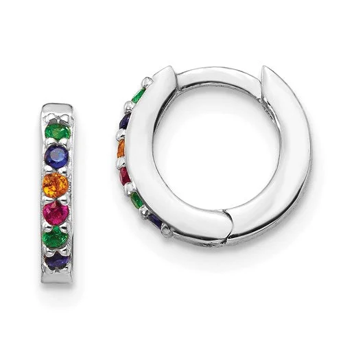 ladies chunky earrings statement style -Sterling Silver Colorful Rainbow CZ Small 10mm Hoop Earrings