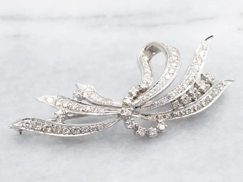 chain fringe brooch for women -Retro 1950's Diamond Encrusted Ribbon Brooch