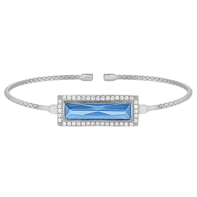 Ladies dragon scale bracelets -Rhodium Finish Sterling Silver Cable Cuff Bracelet with Rectangular Simulated Blue Topaz Stone and Simulated Diamonds