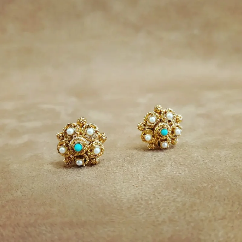 rose gold bar earrings for women -Vintage small turquoise pearl floral filigree clip on earrings 1