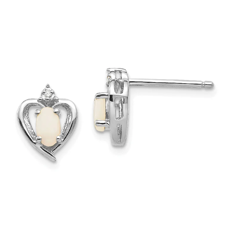 ladies gold earrings arrow design -14k White Gold Diamond & Genuine Opal Heart Stud Earrings