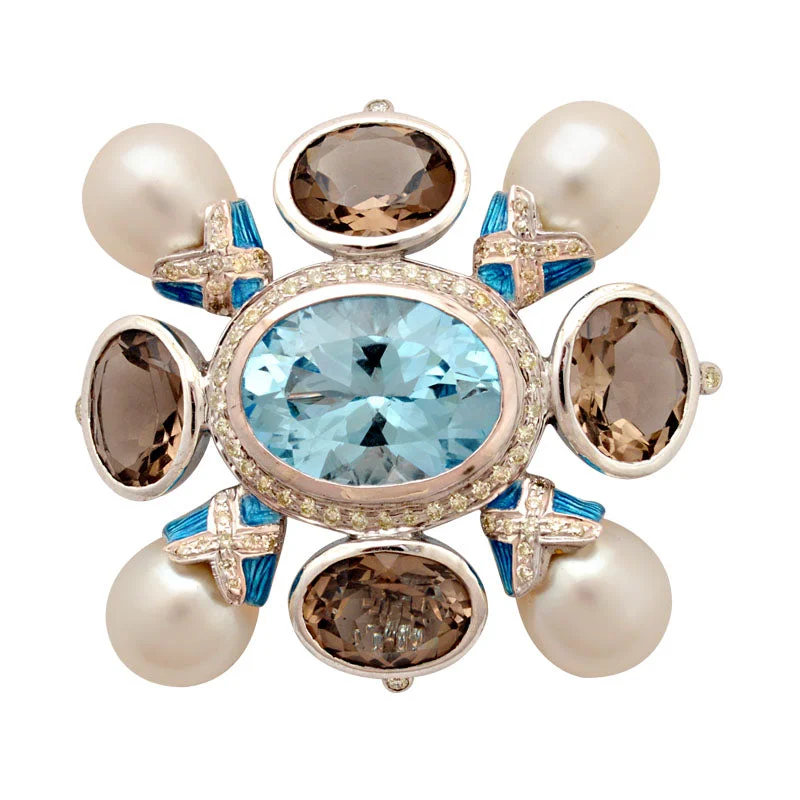 ladies gold brooch bird motifs -Brooch-Blue Topaz, Smokey Quartz, South Sea Pearl and Diamond (Enamel)