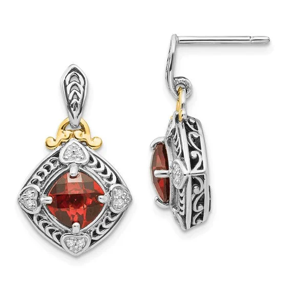 ladies gem earrings dream themes -Shey Couture Sterling Silver w/ 14k Gold Accents Cushion Garnet Earrings