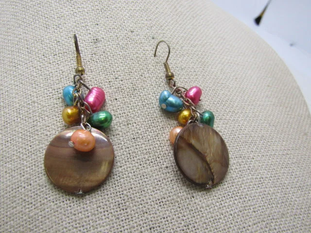 striped pattern earrings for women -Vintage Colorful Pearl Pierced Earrings, 2.25", Baroque & Disc, 1980's-1990's