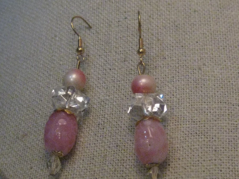 zigzag design earrings for women -Vintage Pink Dangle Pierced Earrings, Faux Pearl & Art Glass, 2.5"