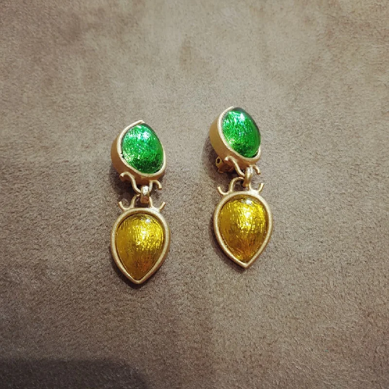 ladies earrings geometric designs -Rima Ariss Green Yellow Foil Glass Clip On Drop earrings