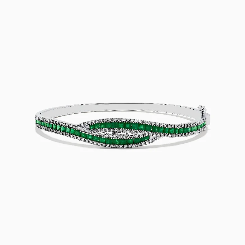 Ladies neutral tone bracelets -Brasilica 14K White Gold Emerald and Diamond Bangle