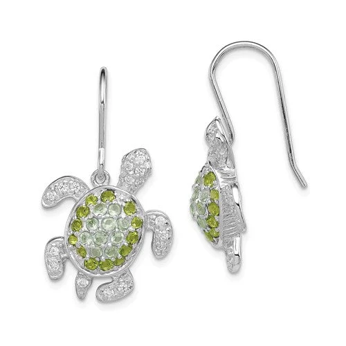 hammered texture earrings for women -Sterling Silver Clear, Green CZ Turtle Dangle Earrings