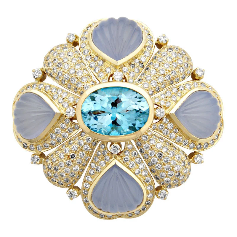 ladies rose gold brooch circles -Brooch- Blue Topaz, Chalcedony And Diamond