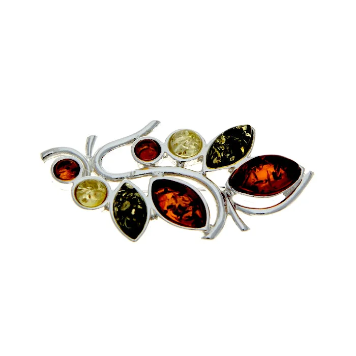 gold sun motif brooch for women -Sterling Silver & Multi-Color Amber Brooch