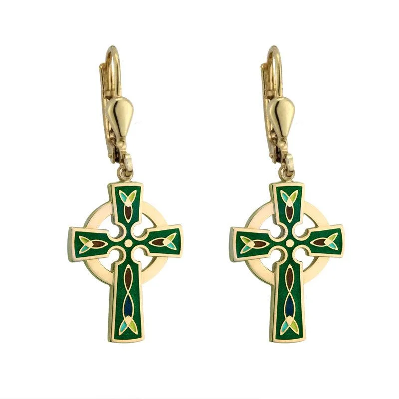 ladies tassel earrings party style -Gold Plated Green Cross Earrings