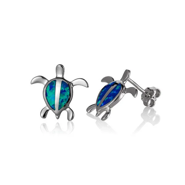 ladies silver earrings jade stones -Sterling Silver Alamea Hawaii Blue Opal Honu Turtle Stud Earrings