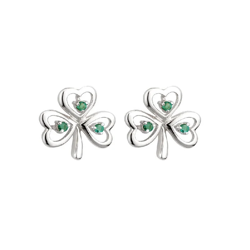 ladies earrings sunburst designs -14K White Gold Emerald Shamrock Earrings