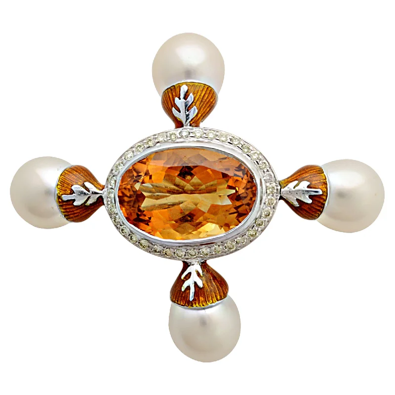 rose gold initial brooch for women -Brooch- Citrine, South Sea Pearl And Diamond (Enamel) (95FS)