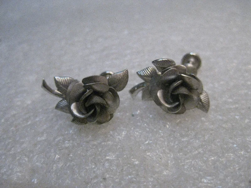 ladies gold earrings owl designs -Vintage Sterling  Silver Rose Earrings, singed A & Z, 5 grams, 1960's