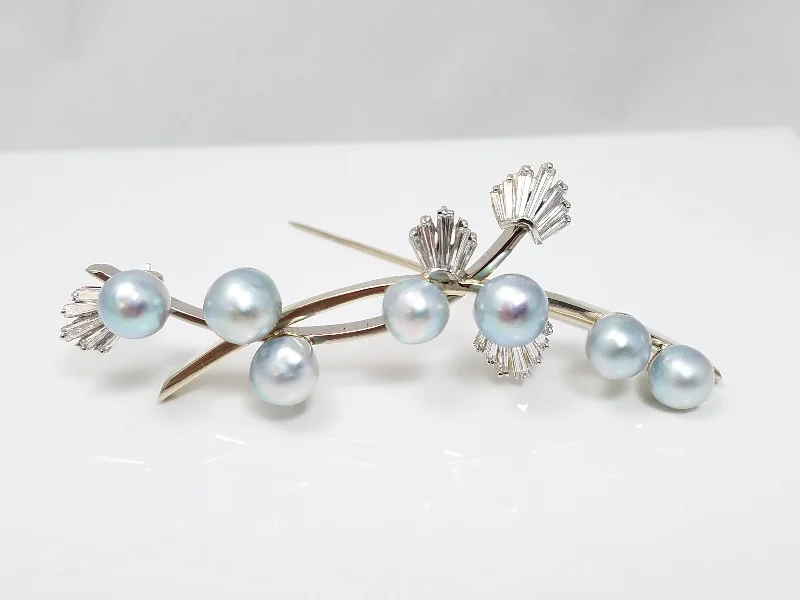 ladies silver brooch topaz stones -Large Vintage 14k White Gold Natural Diamond Cultured Pearl Brooch