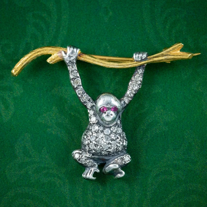 ladies gold brooch for daily wear -Victorian Style Diamond Monkey Bar Brooch Silver 18ct Gold Ruby Eyes