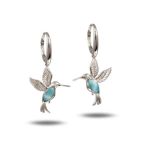 ladies silver earrings rose quartz -Larimar Flying Hummingbird Leverback Earrings by Alamea