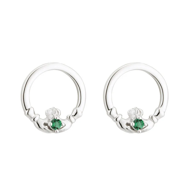 adjustable ladies hoop earrings -Sterling Silver Green Crystal Claddagh Stud Earrings