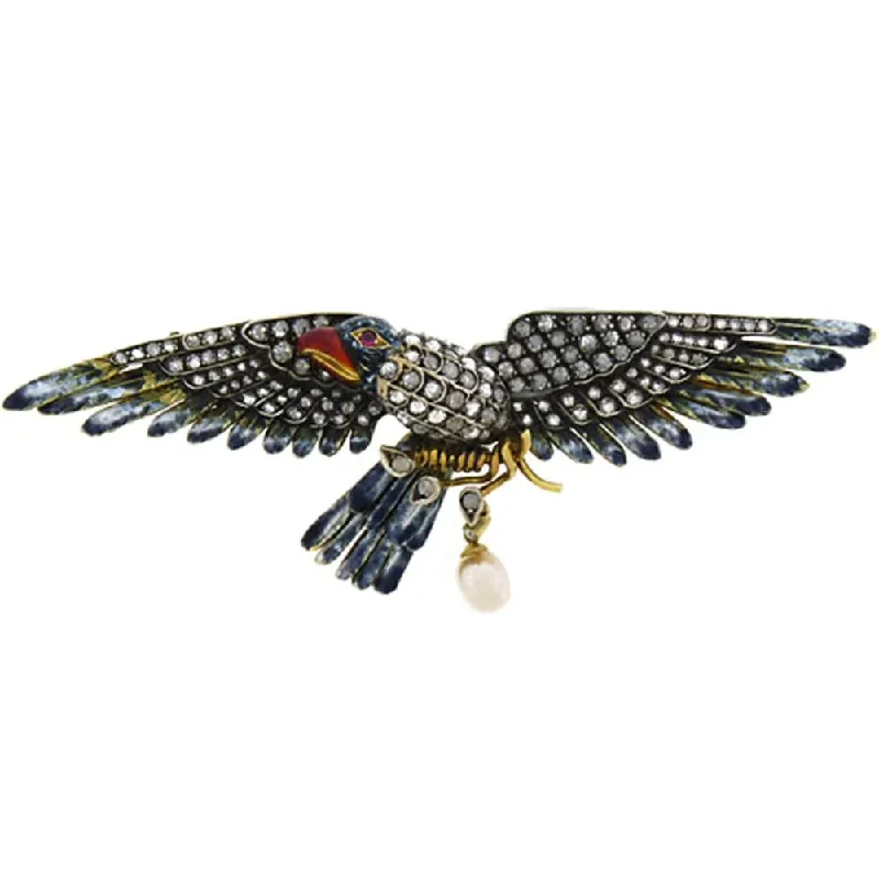 twisted design brooch for women -Exquisite French-Made Diamond Enamel Eagle Brooch in 18K Gold