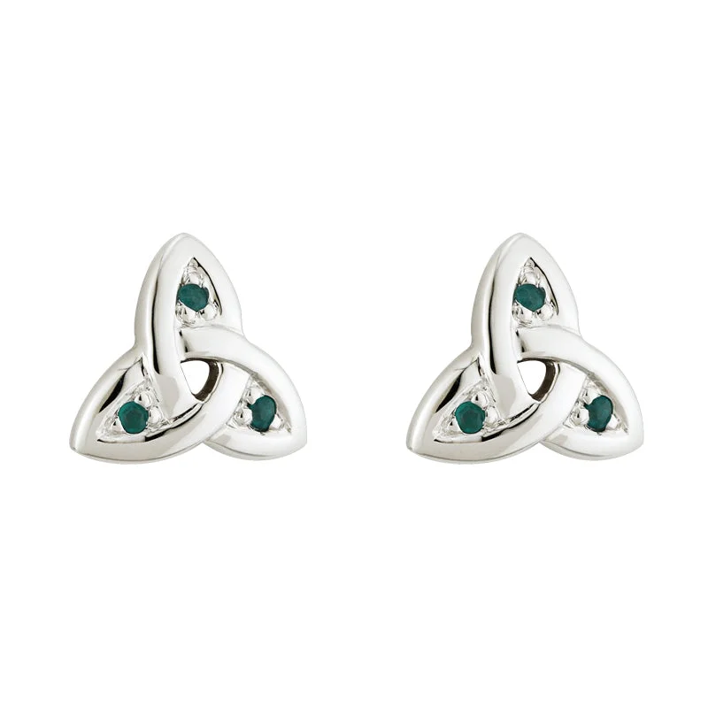 minimalist black earrings for women -14K White Gold Emerald Trinity Knot Stud Earrings