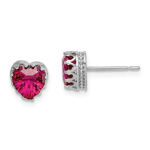 minimalist moon earrings for women -10k White Gold Tiara Collection 6mm Heart Created Ruby Crown Earrings