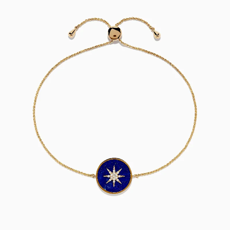 Ladies shimmering glow bracelets -14K Yellow Gold Lapis and Diamond Compass Bolo Bracelet