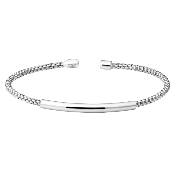 Ladies confident glow bracelets -Rhodium Finish Sterling Silver Rounded Box Link Cuff Bracelet with High Polished Bar