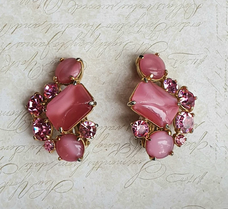 ladies sterling silver earrings with stones -Schiaparelli Vintage Pink Glass Crystal Clip on Earrings