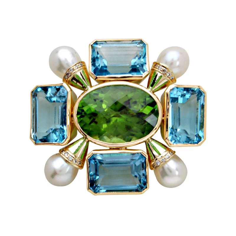 ladies silver brooch amber stones -Brooch-Peridot, Blue Topaz, Pearl and Diamond (Enamel)