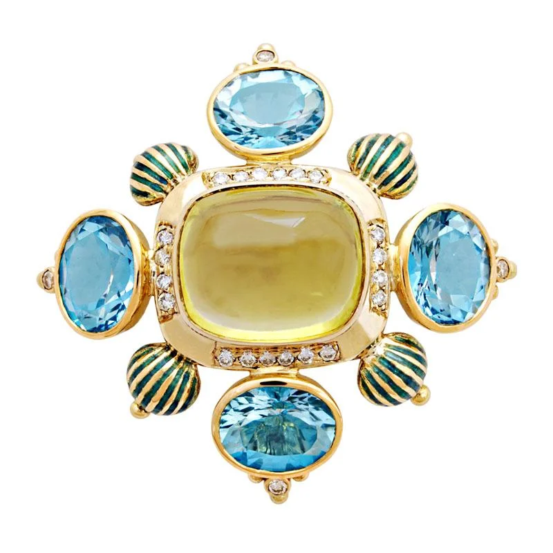 bar accent brooch for women -Brooch-Lemon Quartz, Blue Topaz and Diamond (Enamel)  (1818I)