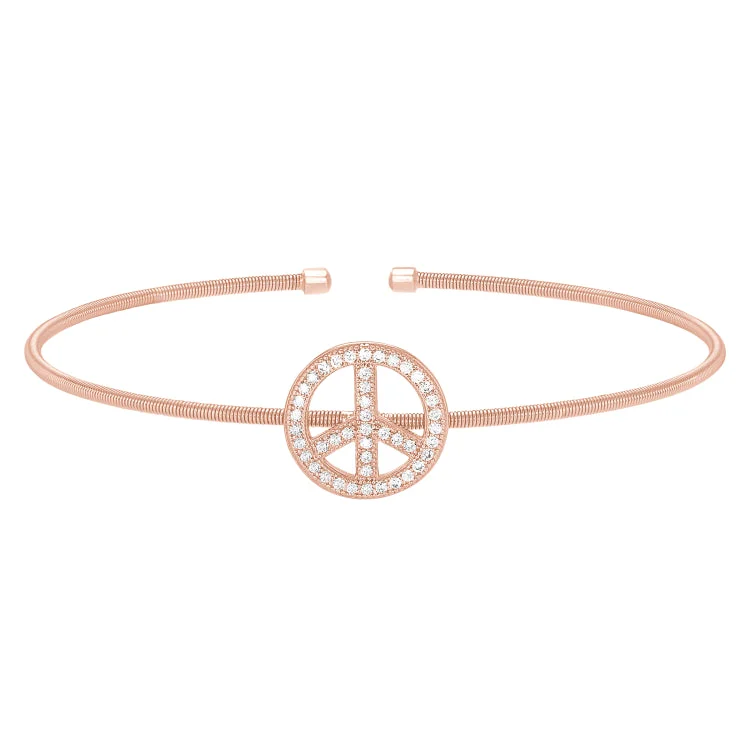 Ladies kinship glow bracelets -Rose Gold Finish Sterling Silver Cable Cuff Peace Sign Bracelet with Simulated Diamonds