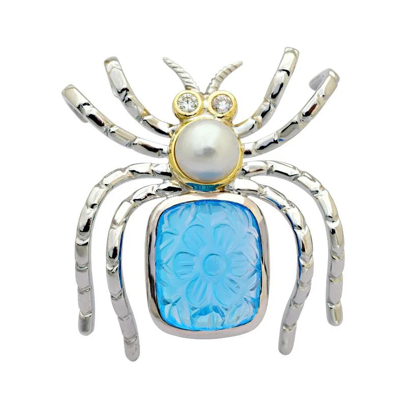 ladies gem brooch celestial themes -Brooch-Blue Topaz, South Sea Pearl and Diamond  (3DM)