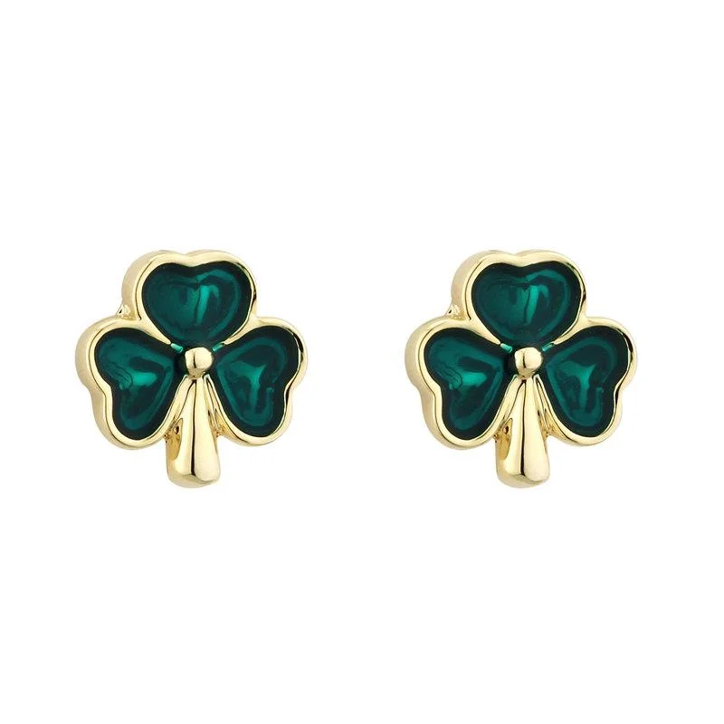 ladies silver earrings aquamarine stones -Gold Plated Enamel Shamrock Earrings