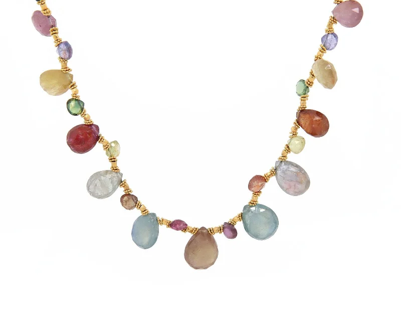 Satin touch necklaces -60.0ctw Multi-Color Briolette Stones Necklace in 21K