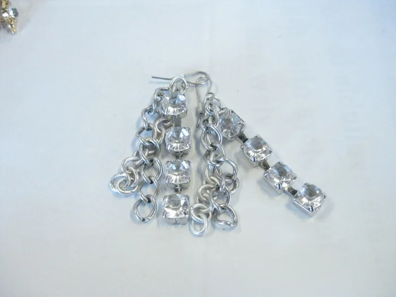 minimalist curve earrings for women -1980's Silvertone Chain & Rhinestone Dangle Pierced Earrings, 2.5" Long, 3 Strands