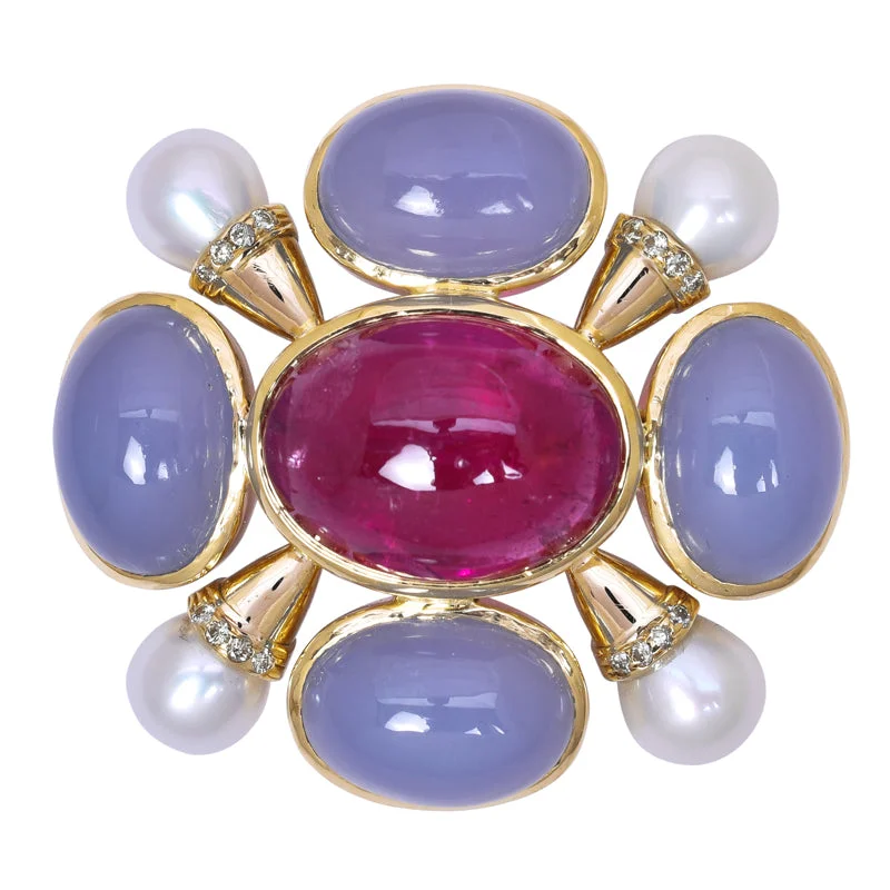 ladies silver brooch jade stones -Brooch- Rubellite, Chalcedony, F.W. Pearl And Diamond