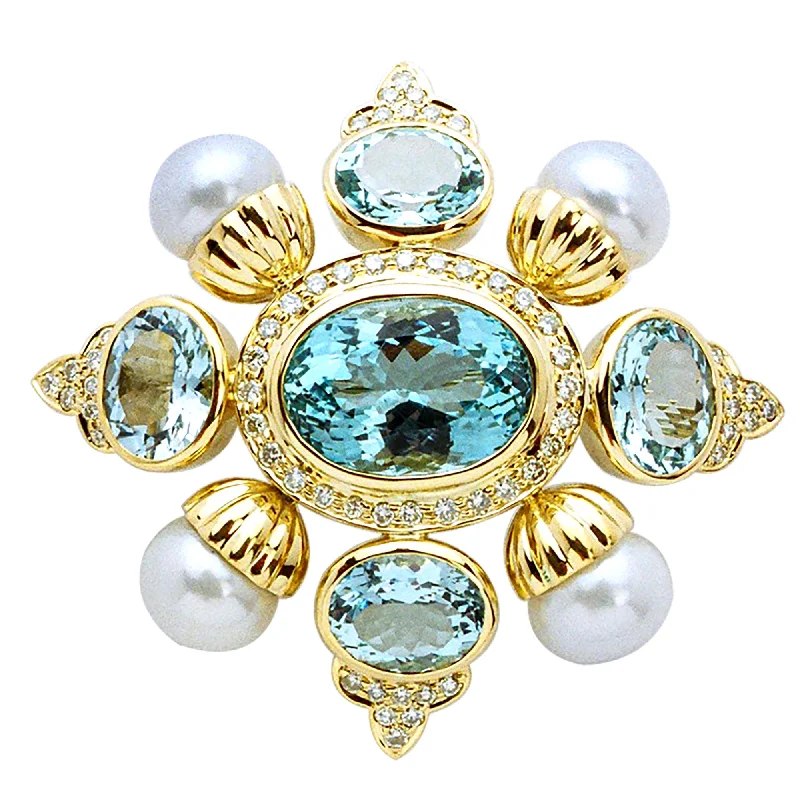 ladies brooch diamond cut edges -Brooch- Aquamarine, Pearl And Diamond