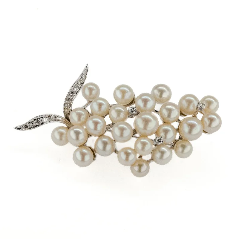 gold flower design brooch for women -Pearl and Diamond Grape Brooch in 14K White Gold