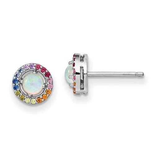 ladies gem earrings family themes -Sterling Silver Opal And Colorful Rainbow CZ Halo Earrings