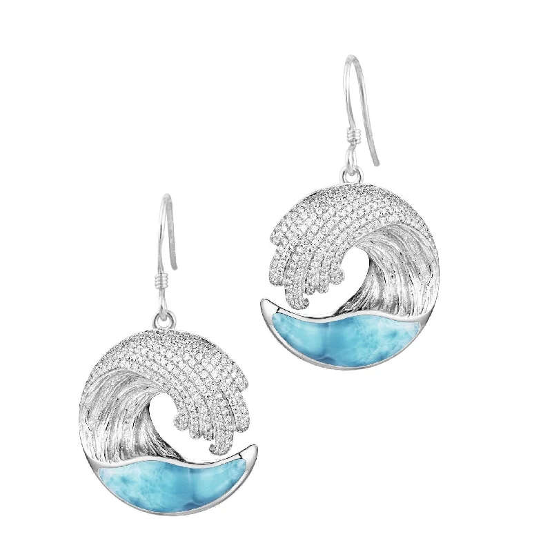 ladies yellow gold earrings daily -Sterling Silver Alamea Hawaii Larimar Ocean Wave and Pave CZ Earrings