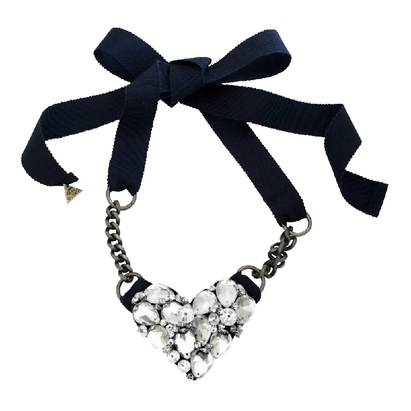 Durable wear necklaces -Crystal Heart Ribbon Necklace - Rhinestone Womens Embellished Accessory