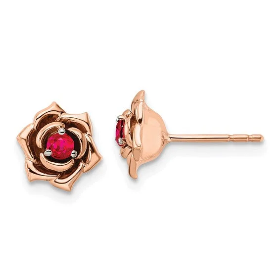 ladies rose gold earrings swirl design -14k White and Rose Gold Ruby Flower Earrings